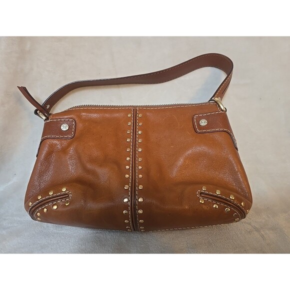 MICHAEL KORS LEATHER TAN SMALL HANDBAG BRUSHED METAL STUDS DUSTER - Picture 1 of 5
